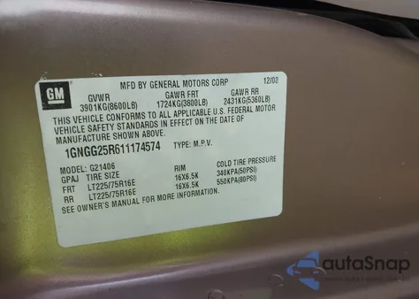 2001 Chevrolet Express G2500 from USA, damaged, VIN 1GNGG25R611174574